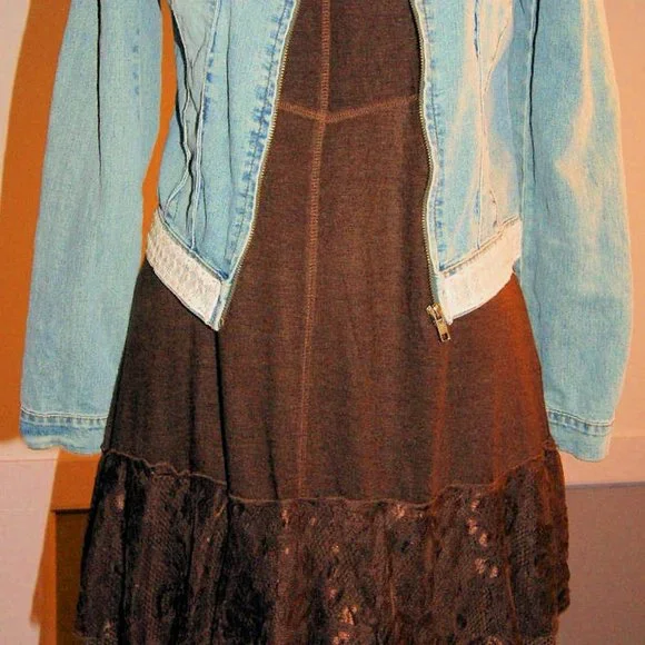 Denim Jean Jacket Upcycled Vintage Distressed Military Style - Picture 8 of 9